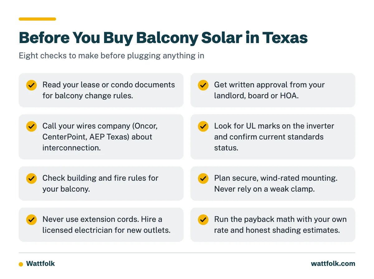 A checklist of eight things Texas renters and owners should check before buying and installing a plug-in balcony solar kit.