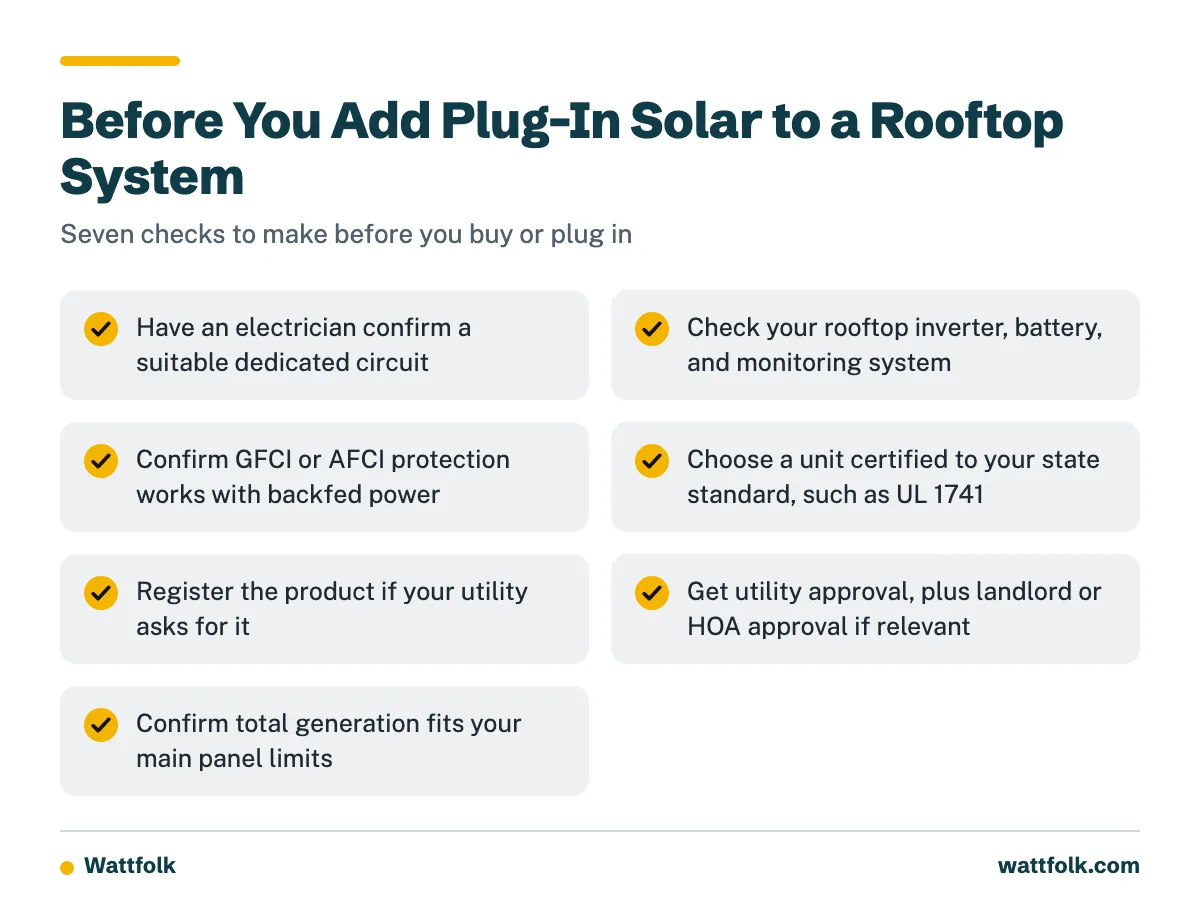 A checklist of seven things to confirm before adding a plug-in solar kit to a home that already has rooftop solar.