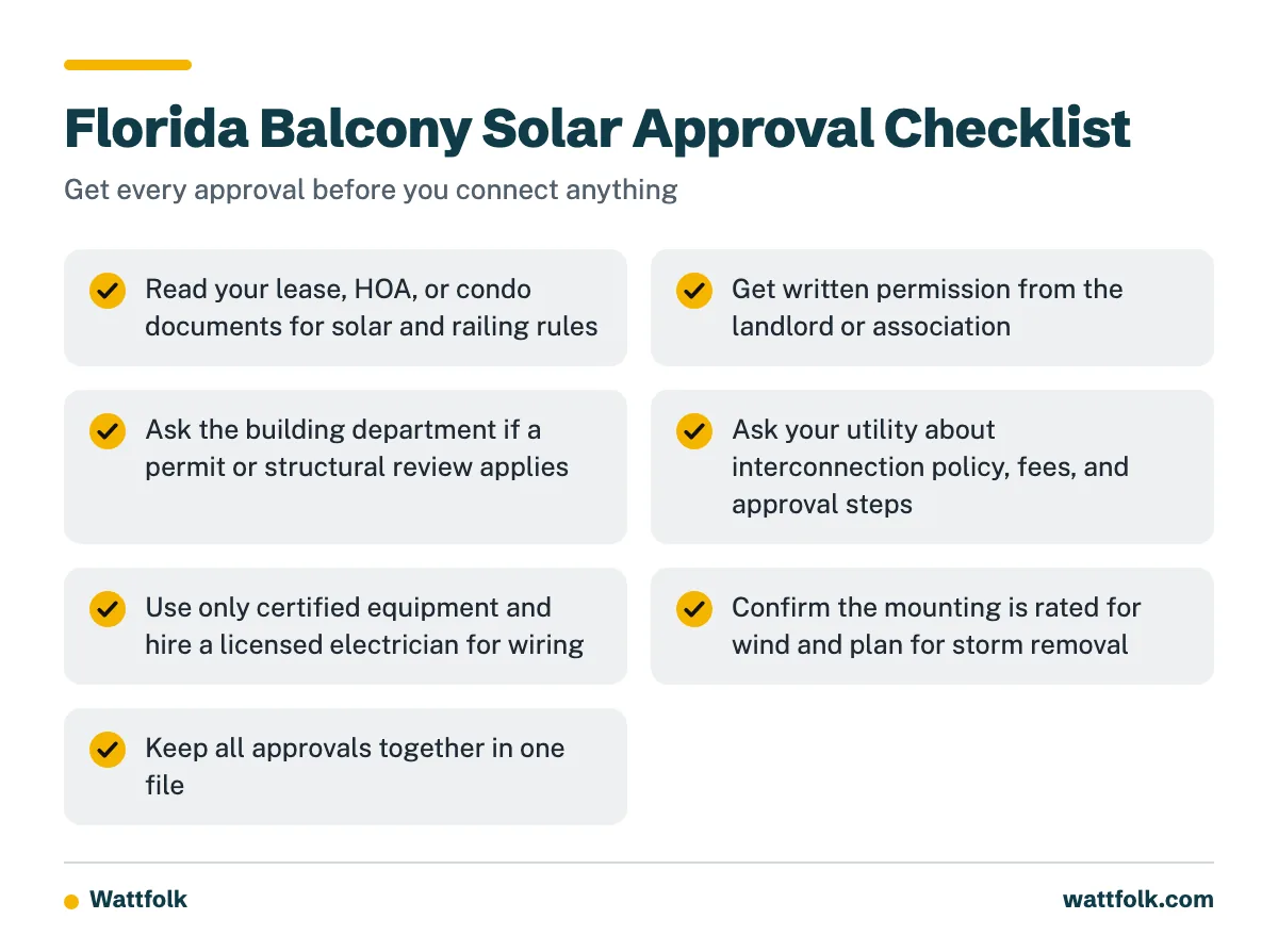 A checklist of seven things to do before installing balcony solar in Florida, from reading your lease to keeping all approvals in one file.