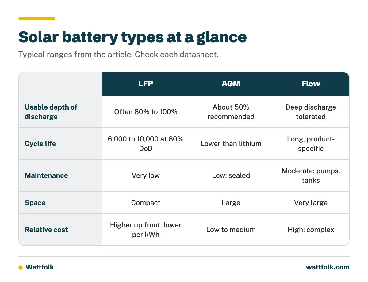 Comparison table of LFP, AGM, and flow solar batteries by usable depth of discharge, maintenance, space, and relative cost.