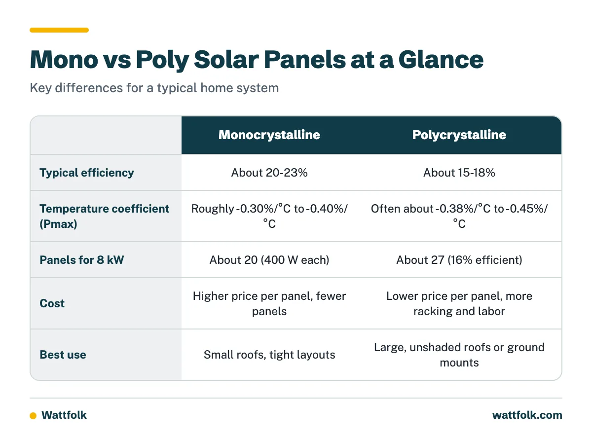 Comparison table of monocrystalline and polycrystalline solar panels covering efficiency, heat coefficient, space needs, cost and best use.
