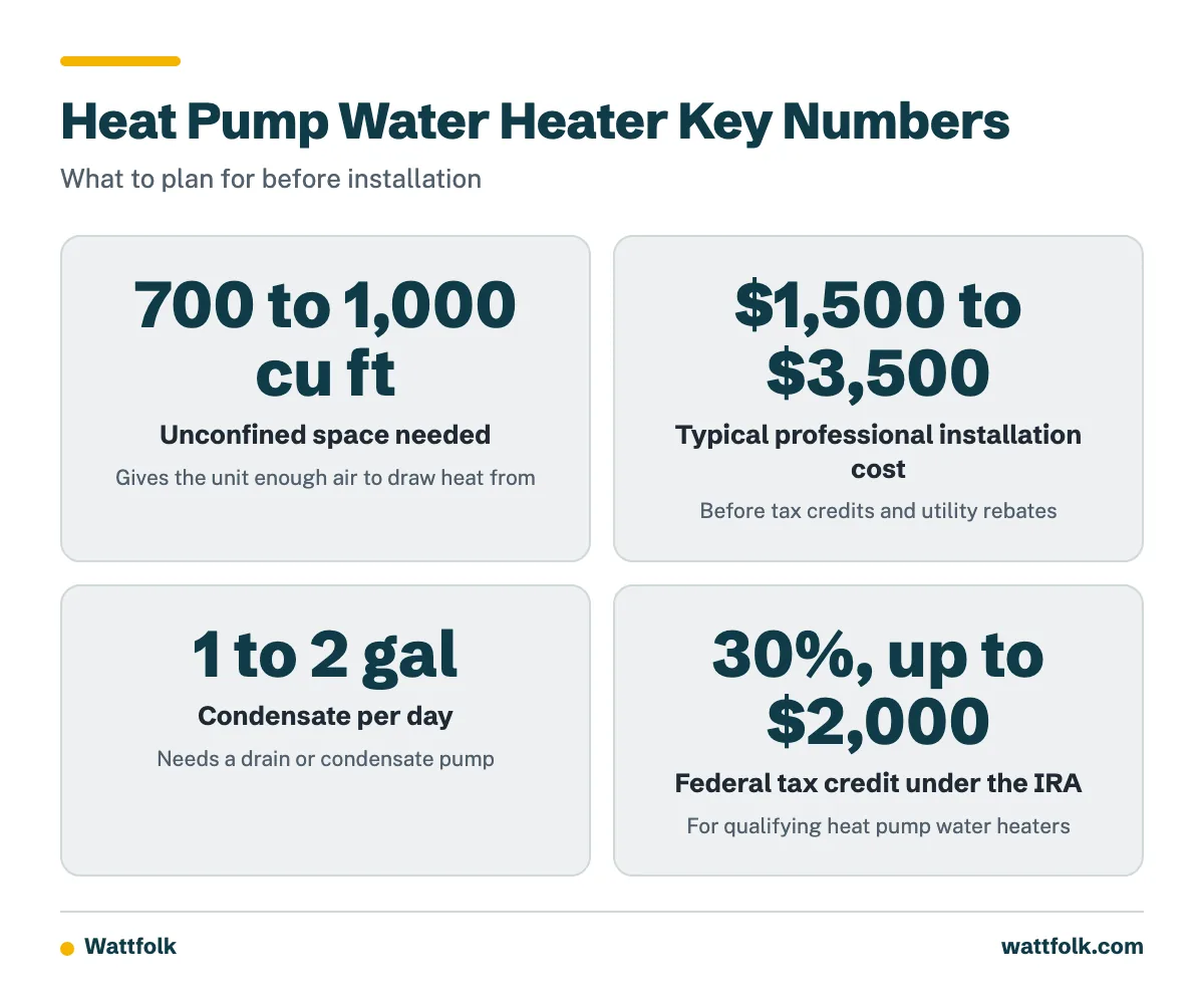 Four key numbers for heat pump water heater installation: room volume, installed cost, daily condensate, and the federal tax credit.
