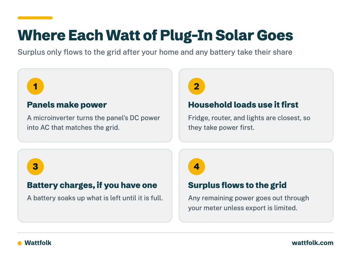 Four-step flow showing solar power going first to household loads, then to a battery if present, and finally any surplus out to the grid.