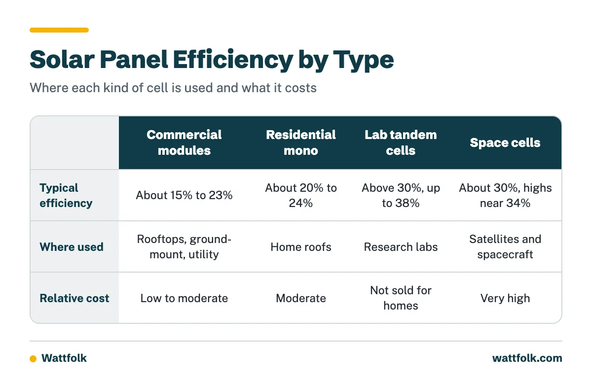 Table comparing commercial modules, residential monocrystalline panels, laboratory tandem cells and space cells by efficiency, use and cost.